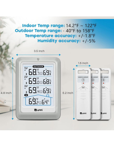 Termómetro Inalámbrico U UNNI con 3 Sensores y Pantalla 4.5"