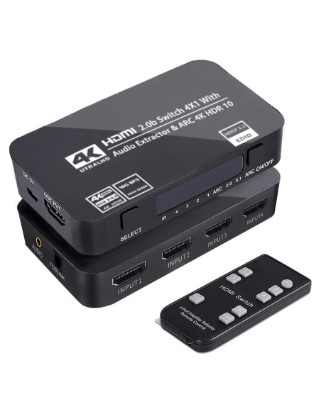 Conmutador HDMI 4x1 Wonlyus 4K 60Hz con audio TOSLINK
