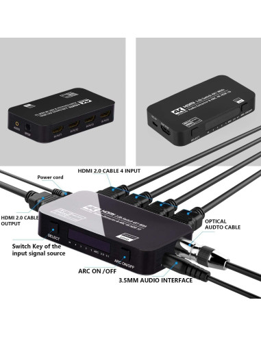 Conmutador HDMI 4x1 Wonlyus 4K 60Hz con audio TOSLINK