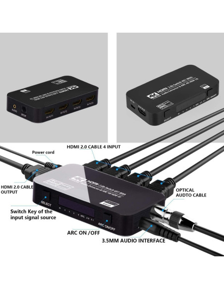 Conmutador HDMI 4x1 Wonlyus 4K 60Hz con audio TOSLINK