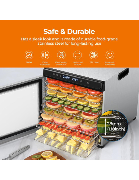 Deshidratadora de Alimentos YASHE FD1001, 10 Bandejas Acero Inoxidable, 1100W