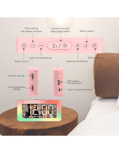 Reloj Despertador Digital SPLITSKY Rosa con Luz Nocturna