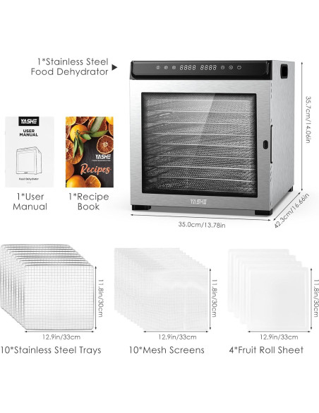 Deshidratadora de Alimentos YASHE FD1001, 10 Bandejas Acero Inoxidable, 1100W