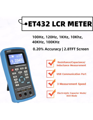 Medidor LCR Digital HZZC ET432 100KHz 0.2% Precisión USB