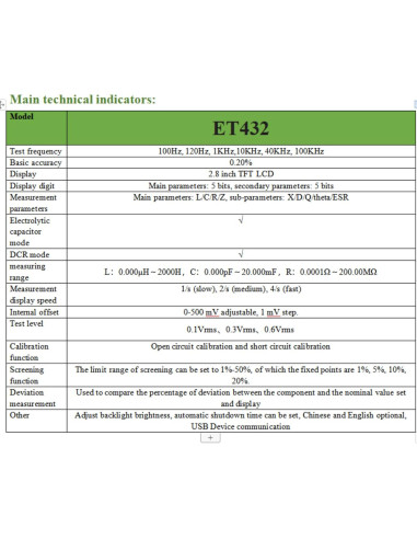 Medidor LCR Digital HZZC ET432 100KHz 0.2% Precisión USB