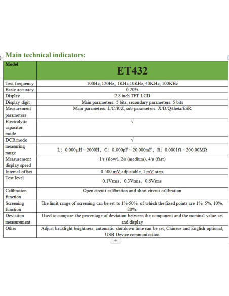 Medidor LCR Digital HZZC ET432 100KHz 0.2% Precisión USB