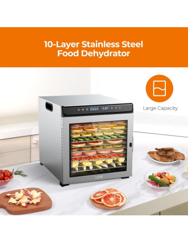 Deshidratadora de Alimentos YASHE FD1001, 10 Bandejas Acero Inoxidable, 1100W
