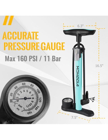 Bomba de Pie MOHEGIA con Manómetro 160 PSI para Bicicleta