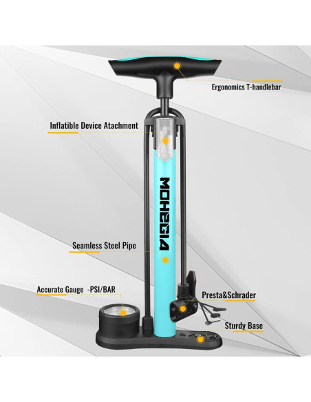 Bomba de Pie MOHEGIA con Manómetro 160 PSI para Bicicleta