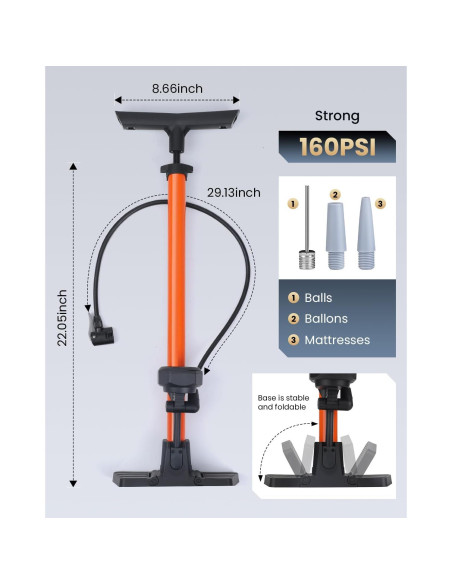 Bomba de Pie POWVINE ZD6132 160PSI con Manómetro para Bicicleta