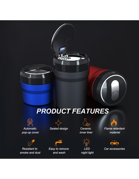 Cenicero de coche DXNQ con tapa y luz LED azul, grande