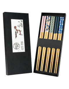 Set de 5 Pares de Palillos de Bambú Japonés Antideslizantes