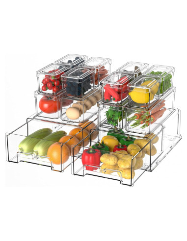 14 Organizadores de Refrigerador DAMYNUO - Contenedores Apilables
