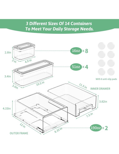 14 Organizadores de Refrigerador DAMYNUO - Contenedores Apilables