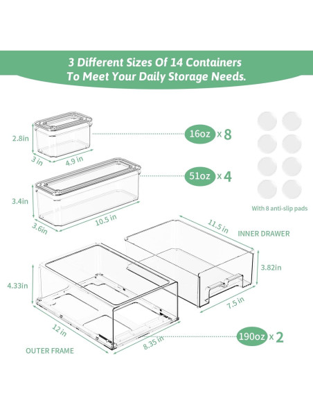 14 Organizadores de Refrigerador DAMYNUO - Contenedores Apilables
