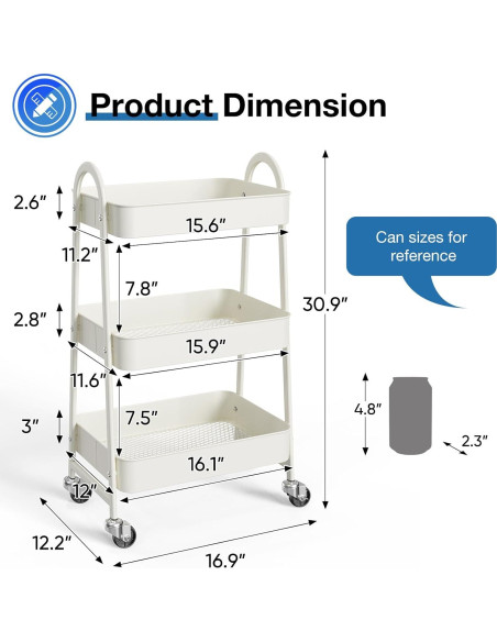 Carro Rodante de 3 Niveles OLIXIS Metal Blanco