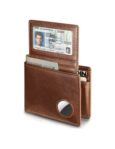 Billetera de Hombre Bifold de Cuero Marrón con Soporte AirTag y Bloqueo RFID