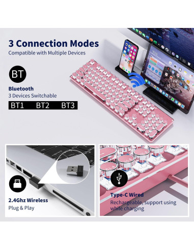 Teclado Mecánico EWEADN TK950 Inalámbrico Rosa 104 Teclas