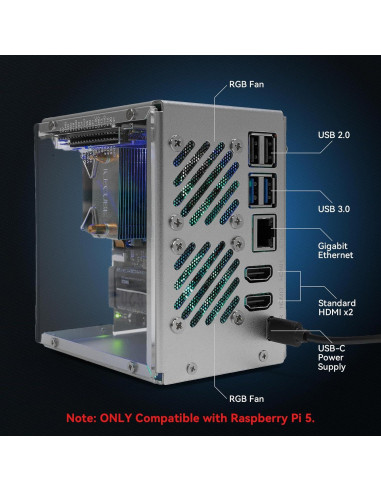 Caja Mini PC Pironman 5 para Raspberry Pi 5 con SSD NVMe