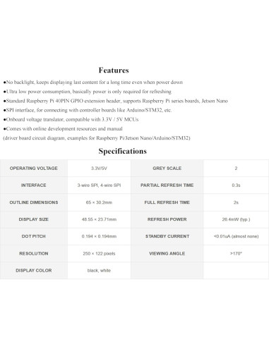 Pantalla E-Ink HAT 2.13" Waveshare 250x122 para Raspberry Pi
