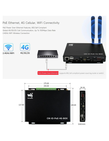Mini-ordenador industrial IoT Waveshare CM-IO-POE-4G-BOX 4G PoE