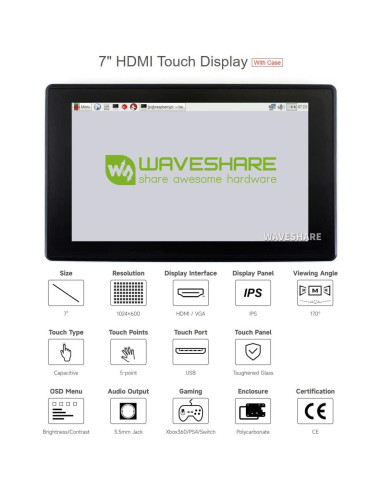 Pantalla Táctil LCD 7" Waveshare 1024x600 HDMI Compatible Raspberry Pi