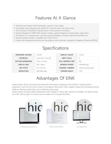 Módulo Pantalla E-Ink 7.3" Waveshare 800x480 SPI Raspberry Pi