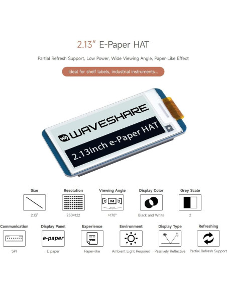 Pantalla E-Paper HAT 2.13" Waveshare 250x122 Raspberry Pi