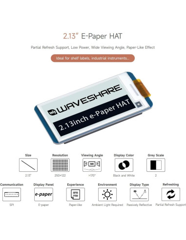 Pantalla E-Ink 2.13" Waveshare HAT para Raspberry Pi