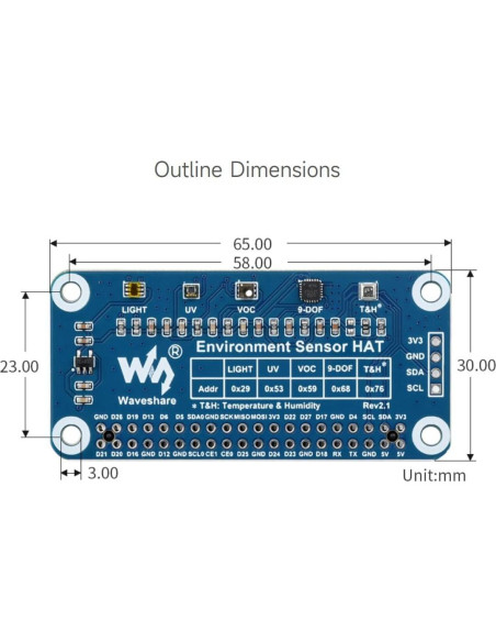 Sensor de Ambiente HAT Waveshare para Raspberry Pi - I2C, Luz, Temperatura, VOC Sensor de Ambiente HAT Waveshare para Raspberry Pi - I2C, Luz, Temperatura, VOC