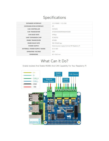 Módulo HAT RS485 CAN Aislado Waveshare para Raspberry Pi Módulo HAT RS485 CAN Aislado Waveshare para Raspberry Pi