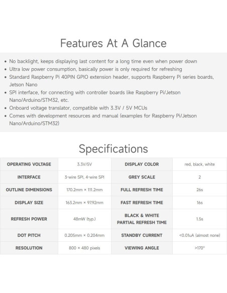 Pantalla E-Paper 7.5" Waveshare HAT 800x480 SPI Rojo/Negro/Blanco