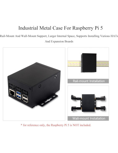 Caja de Metal Industrial Wonrabai para Raspberry Pi 5 - Soporte Montaje Pared y Riel