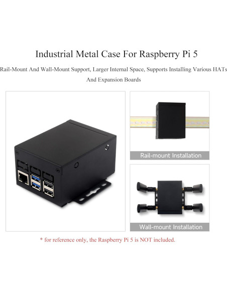Caja de Metal Industrial Wonrabai para Raspberry Pi 5 - Soporte Montaje Pared y Riel