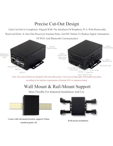 Caja de Metal Industrial Wonrabai para Raspberry Pi 5 - Soporte Montaje Pared y Riel