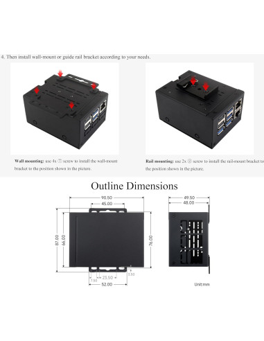 Caja de Metal Industrial Wonrabai para Raspberry Pi 5 - Soporte Montaje Pared y Riel