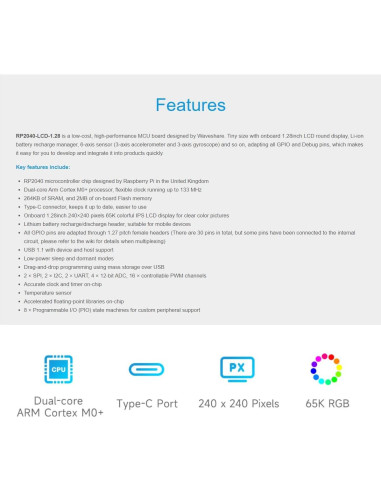 Placa MCU Waveshare RP2040 con LCD 1.28" 240x240 IPS