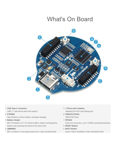 Placa MCU Waveshare RP2040 con LCD 1.28" 240x240 IPS