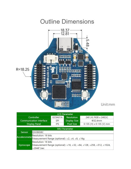 Placa MCU Waveshare RP2040 con LCD 1.28" 240x240 IPS Placa MCU Waveshare RP2040 con LCD 1.28" 240x240 IPS
