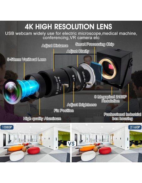 Cámara USB 4K IFWATER con Lente Varifocal 10X 5-50mm