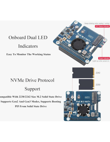 Adaptador PCIe a M.2 con HAT PoE Wonrabai para Raspberry Pi 5