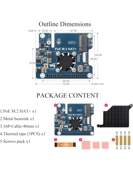 Adaptador PCIe a M.2 con HAT PoE Wonrabai para Raspberry Pi 5