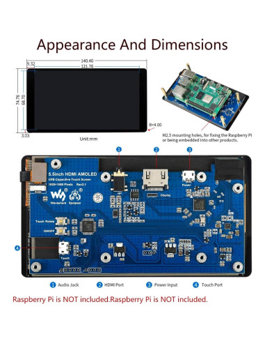 Pantalla AMOLED 5.5" HDMI 1080p Táctil Capacitiva Waveshare