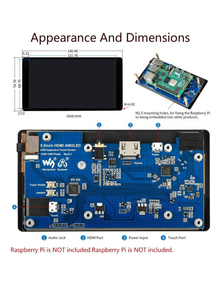 Pantalla AMOLED 5.5" HDMI 1080p Táctil Capacitiva Waveshare