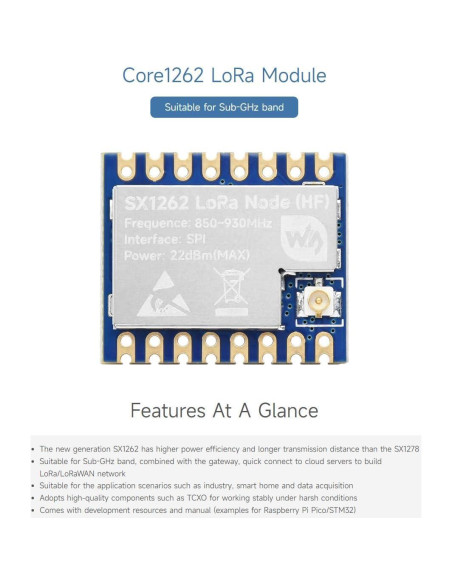 Módulo LoRa Core1262 Waveshare SX1262 Sub-GHz 9g Módulo LoRa Core1262 Waveshare SX1262 Sub-GHz 9g