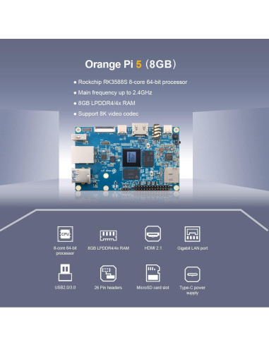 Computadora de Placa Única Orange Pi 5 8GB RK3588S 8 Núcleos 8K