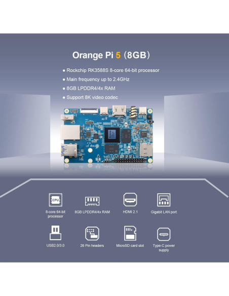 Computadora de Placa Única Orange Pi 5 8GB RK3588S 8 Núcleos 8K