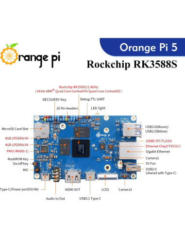 Computadora de Placa Única Orange Pi 5 8GB RK3588S 8 Núcleos 8K