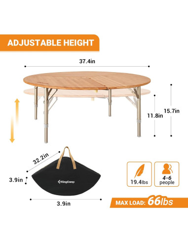 Mesa Plegable Redonda KingCamp de Bambú 95x40 cm Ajustable