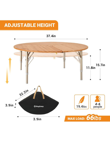 Mesa Plegable Redonda KingCamp de Bambú 95x40 cm Ajustable